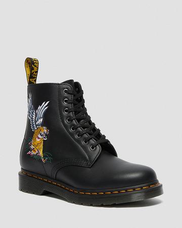 Black Men's Dr Martens 1460 Souvenir Embroidered Leather Ankle Boots | CA 415FDN